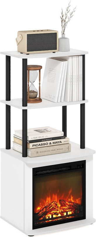 Furinno Turn-N-Tube 2-Tier Tall TV Entertainment Side Table Display Rack with Fireplace Insert, Solid White/Black - LeafyLoom