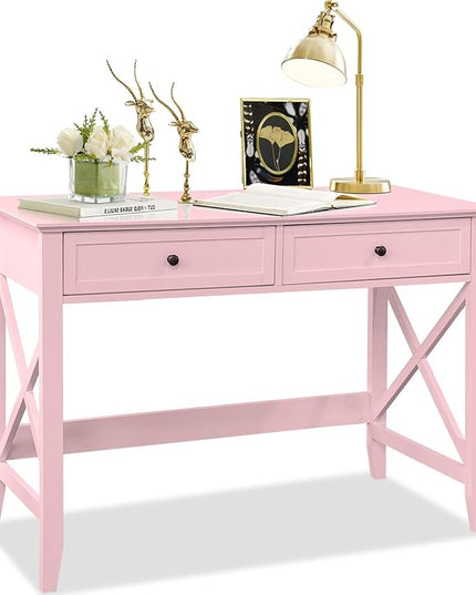 Writing Computer Desk with Drawers, Cute Modern Table for Bedrooms, Pink Vanity Table Office Desk with Drawers, Home Computer Desk for Girls Living Room Entryway, Pink - LeafyLoom