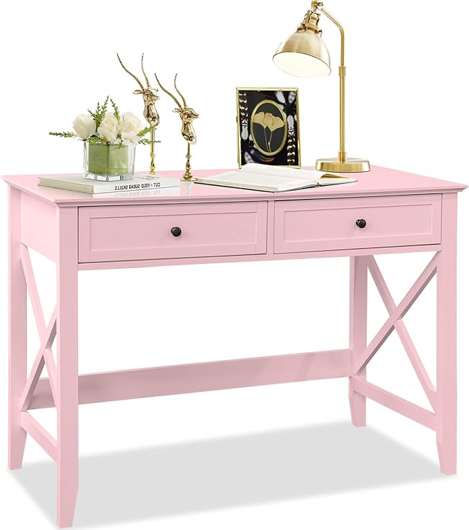 Writing Computer Desk with Drawers, Cute Modern Table for Bedrooms, Pink Vanity Table Office Desk with Drawers, Home Computer Desk for Girls Living Room Entryway, Pink - LeafyLoom