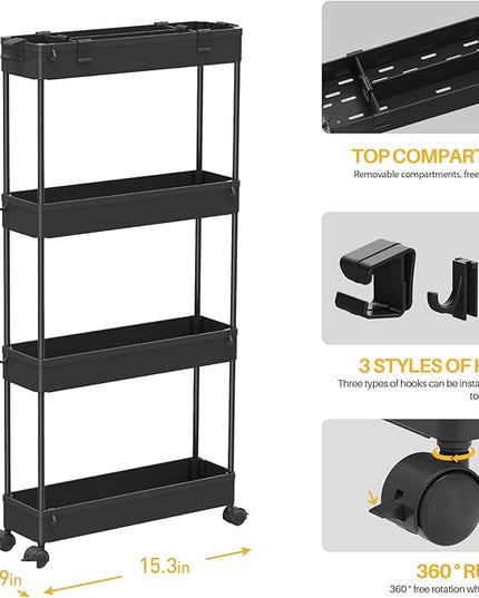 SPACELEAD Slim Storage Cart 4 Tier, Storage Organizer Rolling Utility/ Mobile Shelving Unit Slide Out Storage Cart for Office, Bathroom, Kitchen, Laundry Room & Narrow Places， Black - LeafyLoom