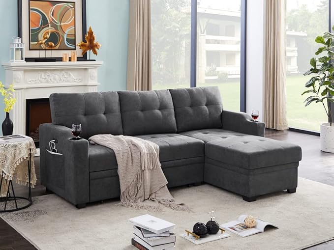 83 Inch Convertible L Shaped Sleeper Sectional Sofa Linen with Storage Chaise, Pull Out Bed, Cup Holder, USB Charging Port, Side Pocket, Reversible Corner Couch Design, 83inch, Dark Grey-3 - LeafyLoom