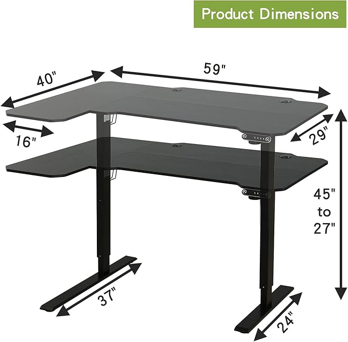 Radlove 59-Inch Large Electric Height Adjustable Computer L-Shaped Desk with Memory Controller Corner Standing Desk Modern Workstation with Splice Board Game Ergonomic Desk (Black Frame + Black Top) - LeafyLoom
