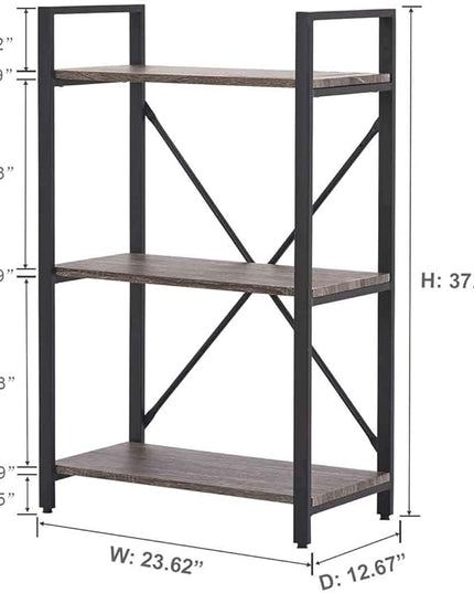 BON AUGURE 3 Tier Bookshelf, Small Rustic Book shelf, Short Industrial Wood Metal Standing Bookcase Etagere for Office, Bedroom and Living Room (Dark Gray Oak) - LeafyLoom