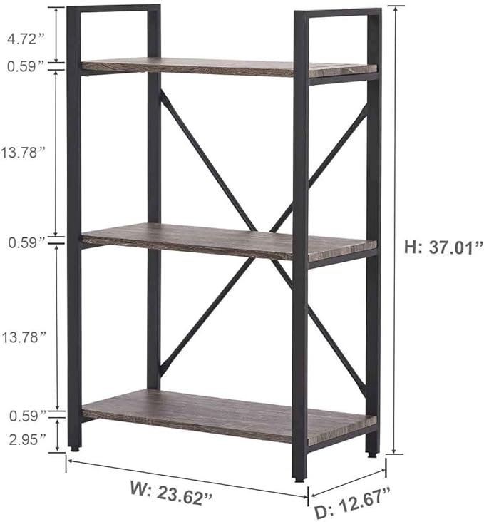 BON AUGURE 3 Tier Bookshelf, Small Rustic Book shelf, Short Industrial Wood Metal Standing Bookcase Etagere for Office, Bedroom and Living Room (Dark Gray Oak) - LeafyLoom