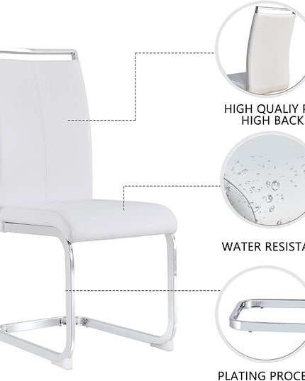 Dining Chairs Set, Kitchen Modern Metal Chairs with Faux Leather Padded Seat High Back and Sturdy Chrome Legs, Chairs for Dining Room (White, Set of 2) - LeafyLoom