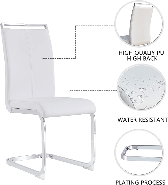 Dining Chairs Set, Kitchen Modern Metal Chairs with Faux Leather Padded Seat High Back and Sturdy Chrome Legs, Chairs for Dining Room (White, Set of 2) - LeafyLoom
