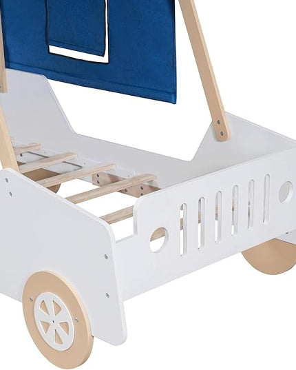 Twin Size Kids Car Bed with Tent Canopy & Wheels,Wood Bedframe W/Safty Grille,Raised Base Design,Easy Assembly,Toddler Boys Car-Shaped Bedroom Beds for Reading Playing Relaxing,White+Natural - LeafyLoom