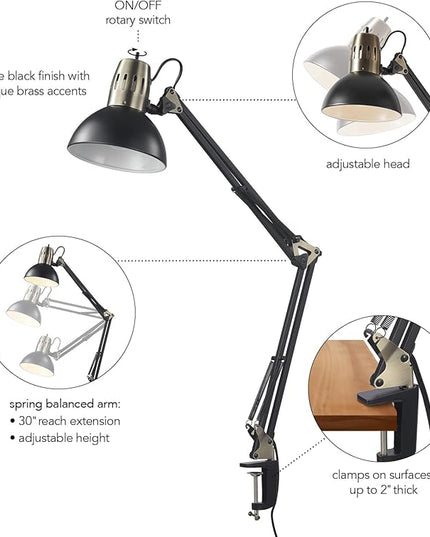 Globe Electric 62000009 32" Multi-Joint Desk Lamp with Metal Clamp, Matte Black, Antique Brass Accents, On/Off Rotary Switch on Shade, Partially Adjustable Swing Arm, Home Décor, Office Accessory - LeafyLoom