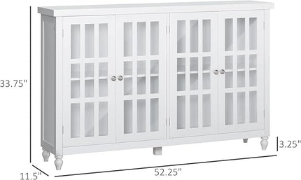 HOMCOM Sideboard, Buffet Cabinet with 4 Tempered Glass Doors, Stripe Pattern and Adjustable Storage Shelf, Credenza, White - LeafyLoom