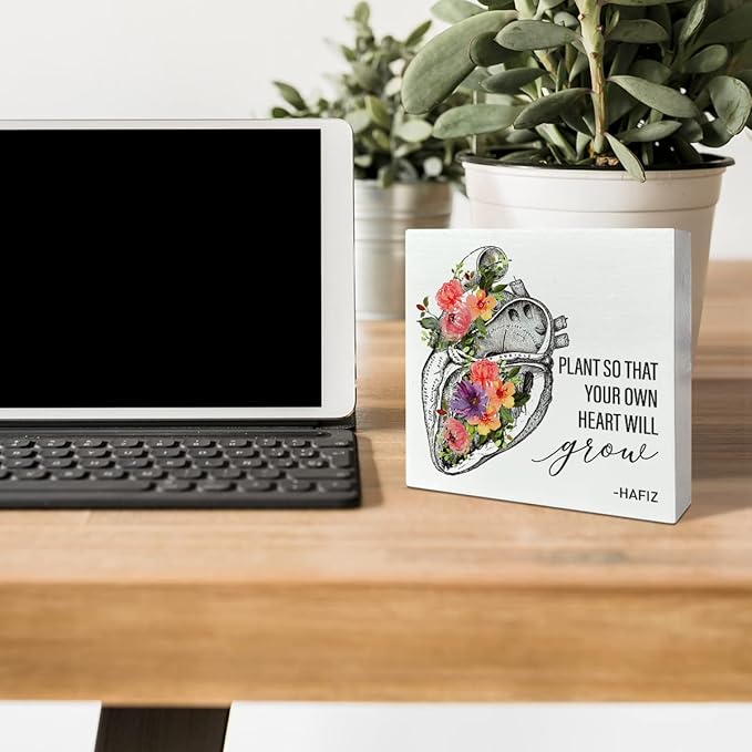 Home Office Desk Wooden Box Sign Decor, Plant So That Your Own Heart Will Grow, Inspirational Quotes Desk Decor Motivational Desk Decorations for Women Men Student Office Classroom School - LeafyLoom