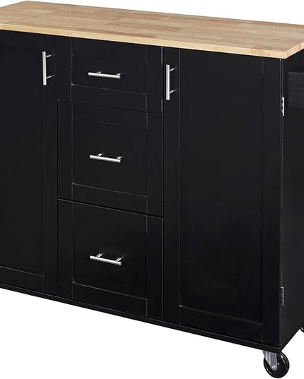 50Inch Rolling Kitchen Island Cart with Internal Cabinet, 3 Drawers and Storage Shelf, Kitchen-Island Table on Wheels w/Rubber Wood Top, Spice Rack, for Dining Room House Bar - LeafyLoom