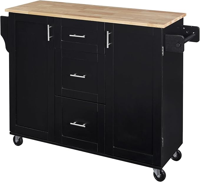 50Inch Rolling Kitchen Island Cart with Internal Cabinet, 3 Drawers and Storage Shelf, Kitchen-Island Table on Wheels w/Rubber Wood Top, Spice Rack, for Dining Room House Bar - LeafyLoom