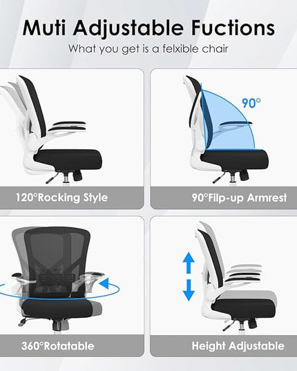 Office Desk Chair, Ergonomic Desk chair with Wheels, High Back Home Office Chair, Mesh Computer chair with Filp-up Armrests for Study room Bedroom, White - LeafyLoom