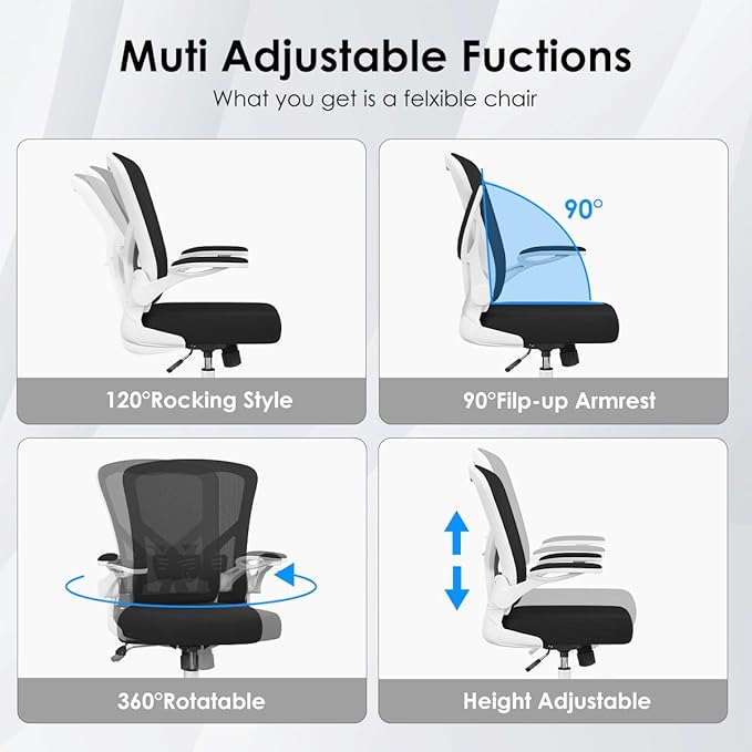 Office Desk Chair, Ergonomic Desk chair with Wheels, High Back Home Office Chair, Mesh Computer chair with Filp-up Armrests for Study room Bedroom, White - LeafyLoom