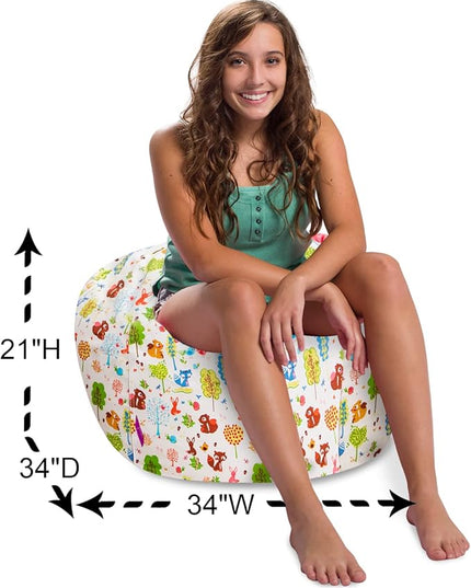 Posh Creations Structured Comfy Bean Bag Chair for Gaming, Reading, and Watching TV, 100in Round Classic Bean Bag, Canvas - Forest Critters on White - LeafyLoom