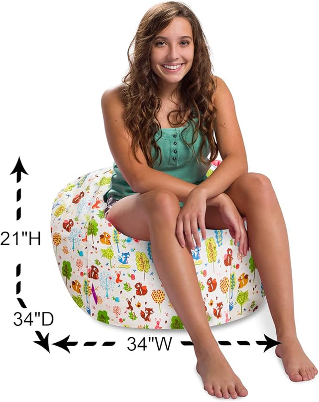 Posh Creations Structured Comfy Bean Bag Chair for Gaming, Reading, and Watching TV, 100in Round Classic Bean Bag, Canvas - Forest Critters on White - LeafyLoom