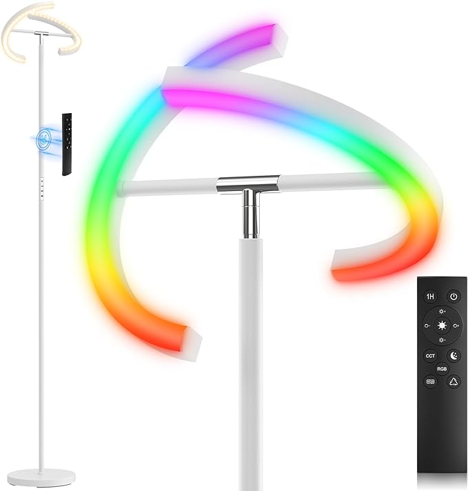 White RGBCW Floor Lamp, Bright Color Changing RGB Standing Lamp, Modern Stepless Dimmable LED Tall Lamp with Remote Control, 20W 3000-6000K Floor Lamps for Living Room, Bedroom, Office - LeafyLoom