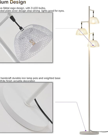 3 Lights White Floor Lamp for Living Room with 3 Metal Lampshade and LED Bulbs, Modern Tree Standing Lamp, Farmhouse Tall Lamp for Living Room, Bedroom, Office - LeafyLoom