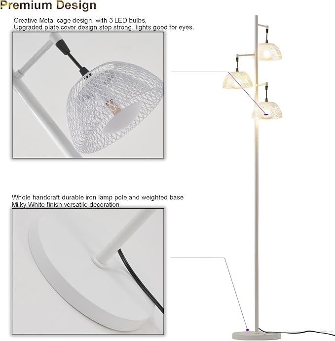 3 Lights White Floor Lamp for Living Room with 3 Metal Lampshade and LED Bulbs, Modern Tree Standing Lamp, Farmhouse Tall Lamp for Living Room, Bedroom, Office - LeafyLoom