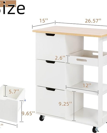 Shintenchi Kitchen Island Cart with Storage,Rolling Kitchen Island Storage Cabinet,Side Table on Wheels with Worktop,3 Open Shelves and 3 Drawers for Kitchen,Dinning Room, White - LeafyLoom
