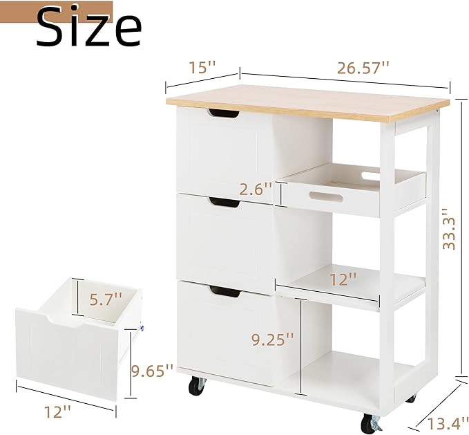 Shintenchi Kitchen Island Cart with Storage,Rolling Kitchen Island Storage Cabinet,Side Table on Wheels with Worktop,3 Open Shelves and 3 Drawers for Kitchen,Dinning Room, White - LeafyLoom