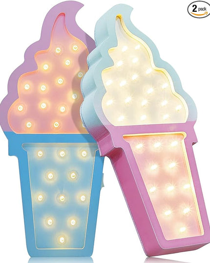 2 Pcs Ice Cream Valentine Romance Atmosphere Light Wooden Ice Cream LED Night Light Ice Cream Theme Valentine Romance Lamps Battery Operated LED Night Lights for Birthday Party Decor (Blue-Pink) - LeafyLoom