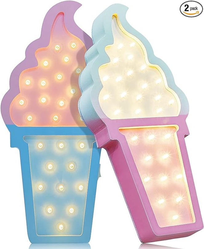 2 Pcs Ice Cream Valentine Romance Atmosphere Light Wooden Ice Cream LED Night Light Ice Cream Theme Valentine Romance Lamps Battery Operated LED Night Lights for Birthday Party Decor (Blue-Pink) - LeafyLoom