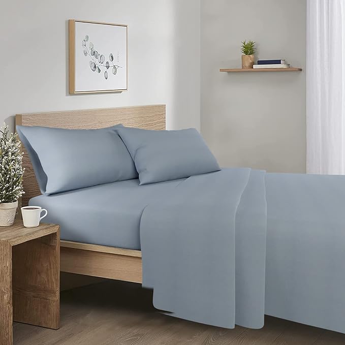 Comfort Spaces Cotton Flannel Breathable Warm Deep Pocket Sheets with Pillow Case Bedding, Queen, Blue Solid 4 Piece - LeafyLoom