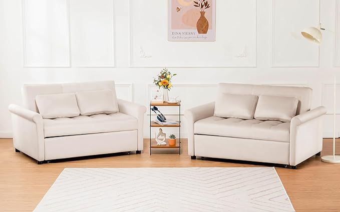 COMHOMA 55" Sleeper Sofa Bed, 3-in-1 Pull Out Couch with Adjustable Backrest and Pillows, Convertible Sleeper Couch for Living Room and Office (White) - LeafyLoom