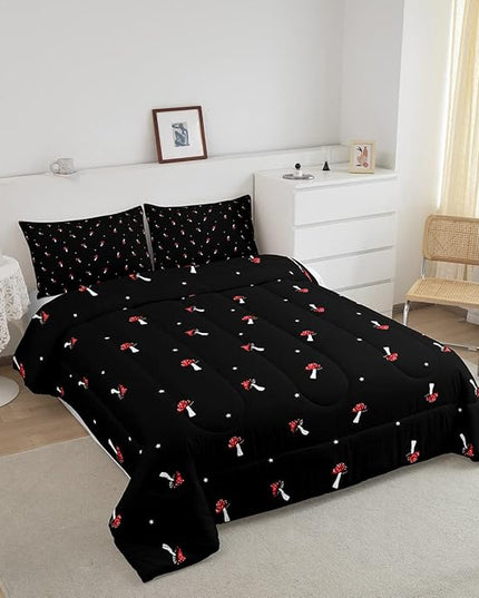 Cute Mushroom Comforter Set Twin Kid Cartoon Kawaii Reversible Bedding Set Red Mushroom Duvet Set Mushroom Shaped Comforter Lovely Natural Wild Plants Fungus Comforter Set for Room Decor, Black - LeafyLoom