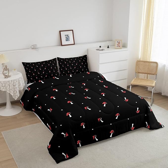 Cute Mushroom Comforter Set Full Size Kid Cartoon Bedding Set Red Mushroom Kawaii Reversible Duvet Set Types of Mushrooms Comforter Cute Wild Species Comforter Set for Bedroom Decor, Black - LeafyLoom