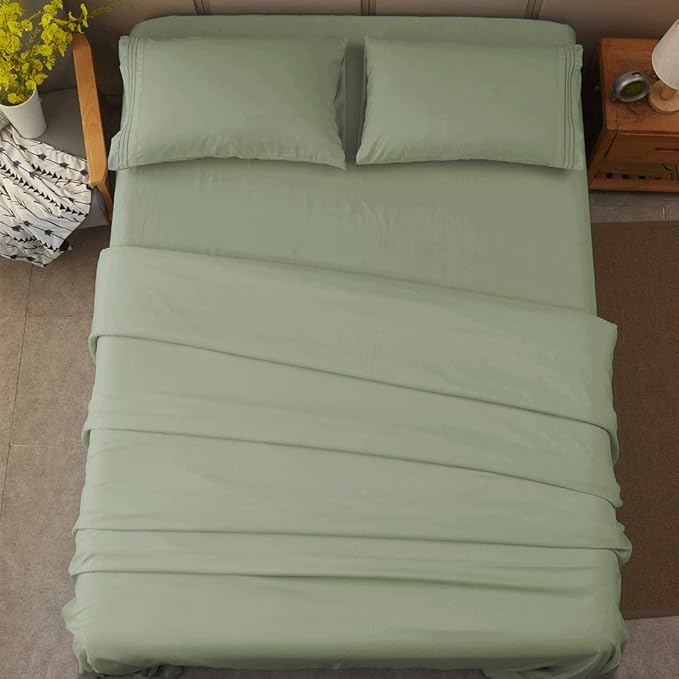 SONORO KATE Bed Sheet Set Super Soft Microfiber 1800 Thread Count Luxury Egyptian Sheets 16-Inch Deep Pocket，Wrinkle-3 Piece (Sage, Twin) - LeafyLoom