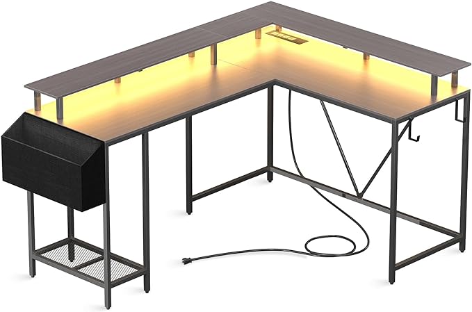 L Shaped Gaming Desk with Power Outlets & LED Lights, Computer Desk with Monitor Stand & Storage Shelf, Home Office Desk Corner Desk with Hooks, Easy to Assemble, Grey Oak - LeafyLoom