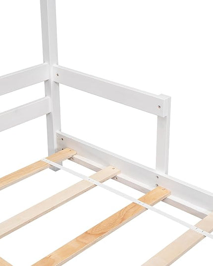 Full Size Bed Frame for Kids,House-Shaped Headboard Kids Bed,Girls Bed with Handrails,Low Platform Bed for Boys Girls,No Box Spring Needed(White) - LeafyLoom