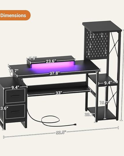Computer Desk with 2 Fabric Drawers - Reversible Home Office Desk with Power Outlet & LED Lights, 53" Writing Desk with Monitor Stand & Storage Shelves, Gaming Desk Study Table with Pegboard, Black - LeafyLoom