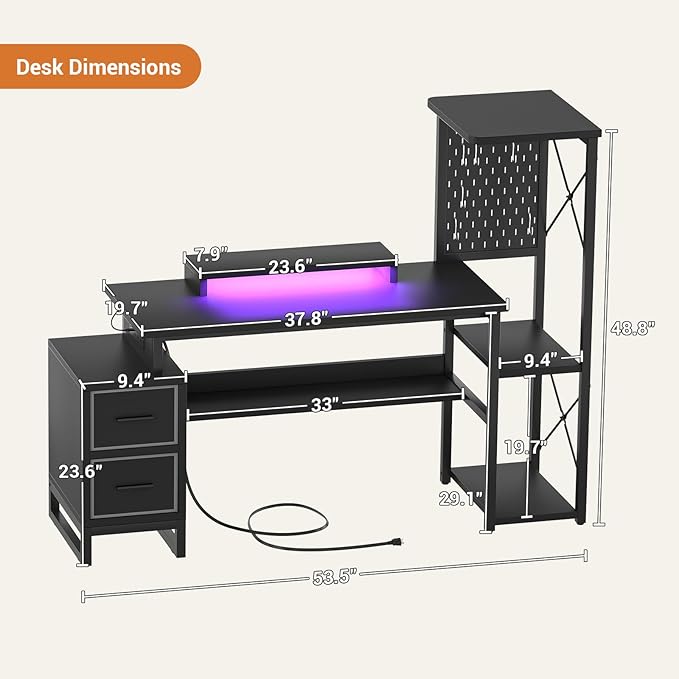 Computer Desk with 2 Fabric Drawers - Reversible Home Office Desk with Power Outlet & LED Lights, 53" Writing Desk with Monitor Stand & Storage Shelves, Gaming Desk Study Table with Pegboard, Black - LeafyLoom