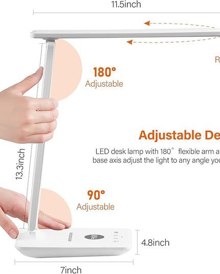 poukaran LED Desk Lamp with Wireless Charger, USB Charging Port, Office Table Lamp with Clock, Alarm, Date, Temperature for Home Office, White - LeafyLoom
