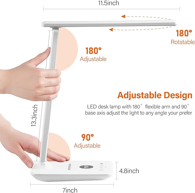 poukaran LED Desk Lamp with Wireless Charger, USB Charging Port, Office Table Lamp with Clock, Alarm, Date, Temperature for Home Office, White - LeafyLoom