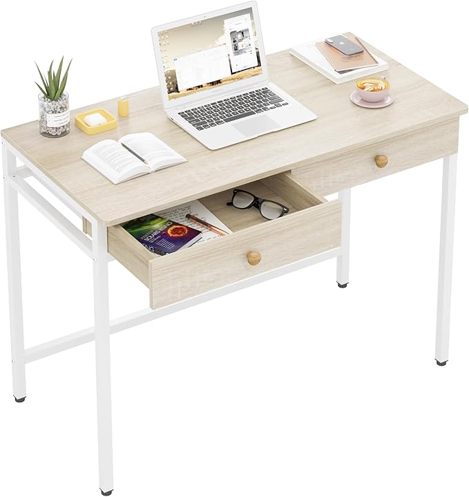 Weehom Computer Desk with Drawers, Home Office Desk for Writing, Studying, and Gaming - Sturdy and Spacious Workstation for PC and Laptop(Beige) - LeafyLoom