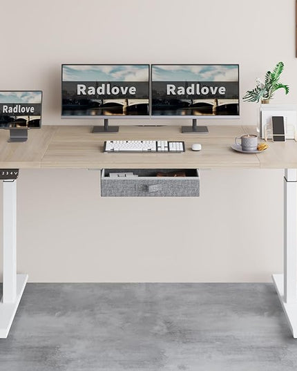 Radlove Dual Motors Height Adjustable 63 x 30'' Electric Standing Desk with Drawer Stand Up Table 4 Memory Keys, Computer Desk with Splice Board Home Office Desk, Oak Top + White Frame - LeafyLoom