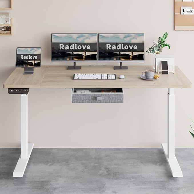 Radlove Dual Motors Height Adjustable 63 x 30'' Electric Standing Desk with Drawer Stand Up Table 4 Memory Keys, Computer Desk with Splice Board Home Office Desk, Oak Top + White Frame - LeafyLoom