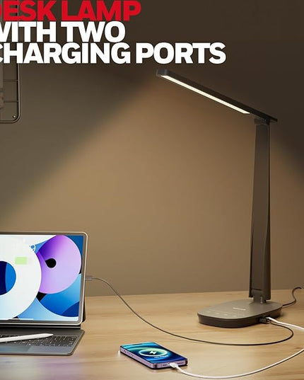 Honeywell Sunturalux™ LED Desk Lamp Dimmable Desk Light with USB A+C Dual Charging Port Eye-Caring Foldable Table Lamp with 4 Color Modes for Home Office Bedroom Reading Study Work HWT-H2B Black - LeafyLoom