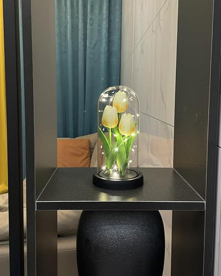 LED Tulip Lamp Artificial Flower Night Light Handmade Light up Tulips in Glass Dome Table Lamp Ornaments Desktop Decor - Battery Operated (Champagne) - LeafyLoom