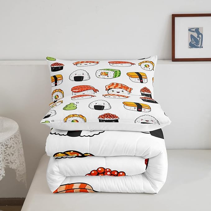 Sushi Pattern Comforter Set Japanese-Style Bedding Set for Kids Boys Girls Teens Food Theme Comforter Cute Cartoon Japanese Sushi Duvet Set Room Decor Quilt Set Queen Size Microfiber - LeafyLoom