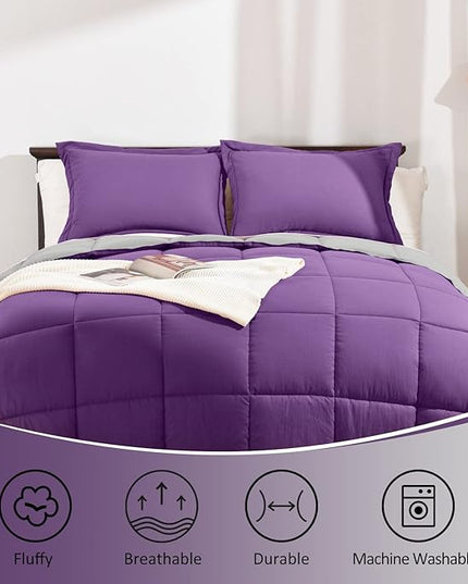 Basic Beyond Queen Comforter Set - Fluffy Comforter Queen Set for All Seasons - Reversible Purple Comforter Set Queen for Mens - 3 Pieces (1 Comforter + 2 Pillow Shams) - Purple/Grey - LeafyLoom