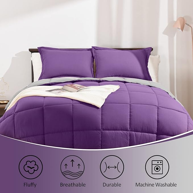 Basic Beyond King Size Comforter Set - Fluffy King Bed Comforter Set for All Seasons - Reversible Purple King Size Comforter Set - 3 Pieces (1 Comforter + 2 Pillow Shams) - Purple/Grey - LeafyLoom