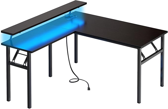 DlandHome Reversible L-Shaped Desk with Monitor Stand,LED Lighting Computer Desk with Power Outlets,Home Office Table Computer Workstation, Black - LeafyLoom
