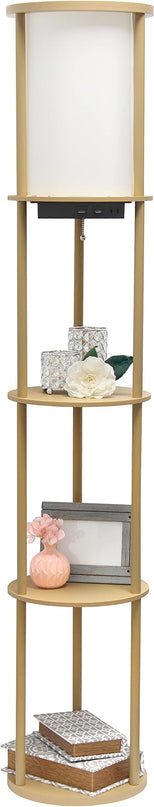 Simple Designs LF2010-TAN 62.5" Round Modern Shelf Etagere Organizer Storage Floor Lamp with 2 USB Charging Ports, 1 Charging Outlet and Linen Shade for Living Room Bedroom Office, Tan - LeafyLoom
