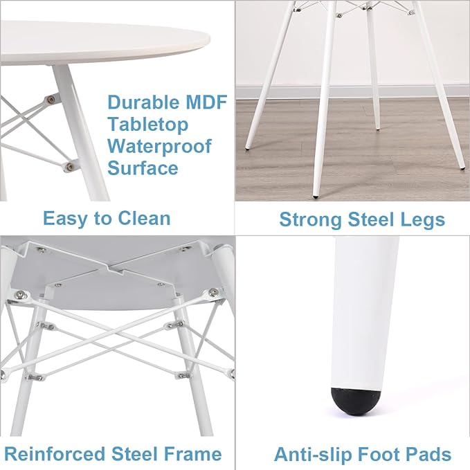 White Round Dining Table Round Table Dia 31.5" Wood Top Metal Legs Simple Modern Kitchen Table for 2 to 4 People Small Place Cafe Office Conference - LeafyLoom