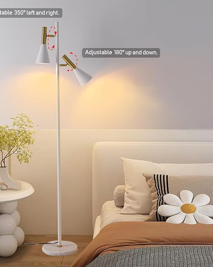 Elegant Modern Floor Lamp with 2 Adjustable Head,White and Gold Stand up Lamps with Marble Base,Tall Pole Uplight,Tree Floor Lamps for Living Room,Office - LeafyLoom